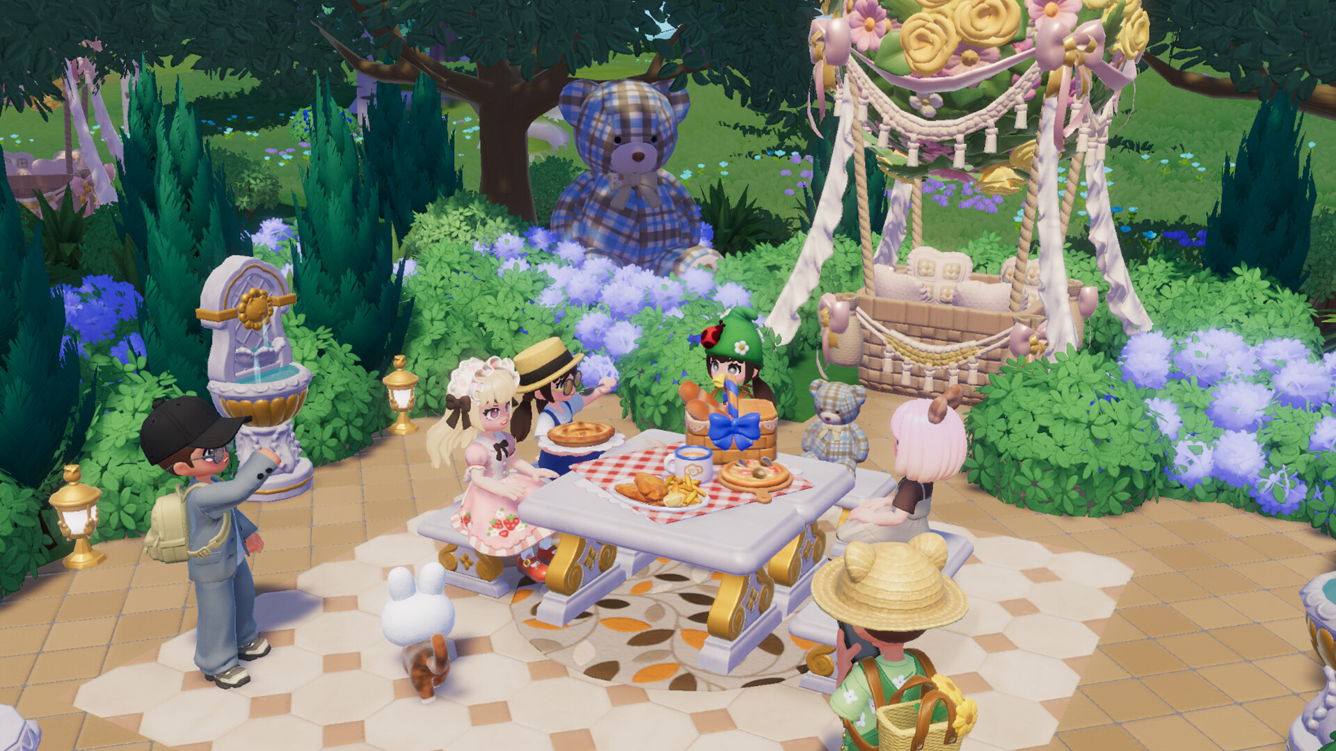 Heartopia friends gathering around a garden picnic table