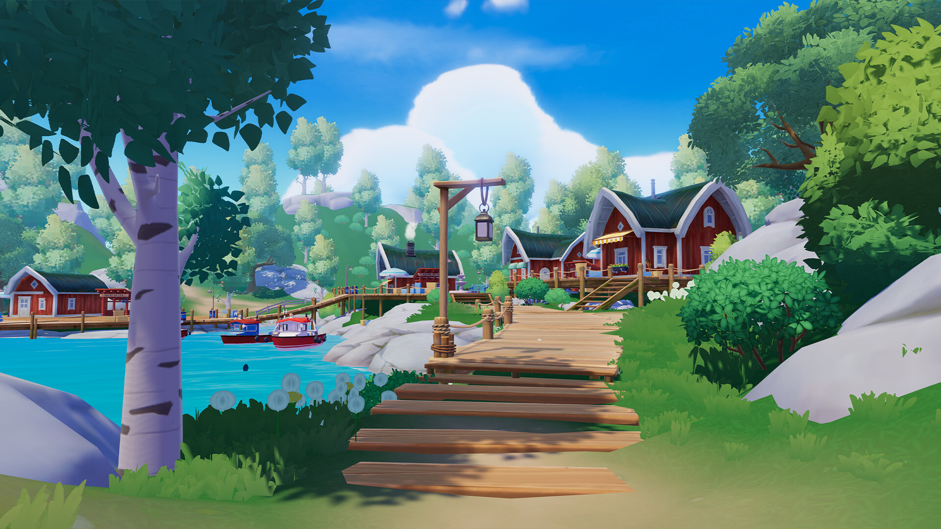 Sunny Heartopia town with waterfront cabins and wooden paths